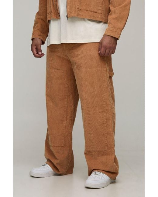 BoohooMAN Men's Brown Plus Washed Cord Relaxed Fit Carpenter Pants