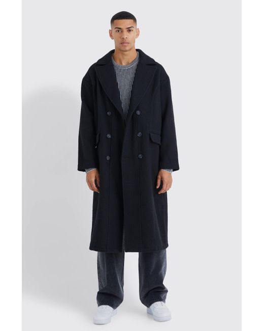 BoohooMAN Blue Wool Look Double Breasted Textured Overcoat for men