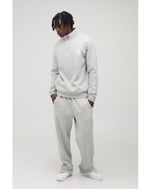 BoohooMAN Gray Tall Regular 1/4 Zip Gothic B Embroidered Funnel Neck Sweater & Regular Split Hem Jogger Tracksuit for men