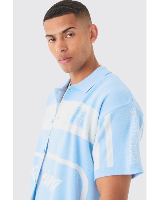 BoohooMAN Blue Boxy Fit Knitted Moto Shirt for men