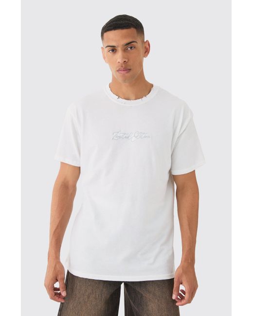 BoohooMAN White Oversized Distressed Embroidered T-shirt for men
