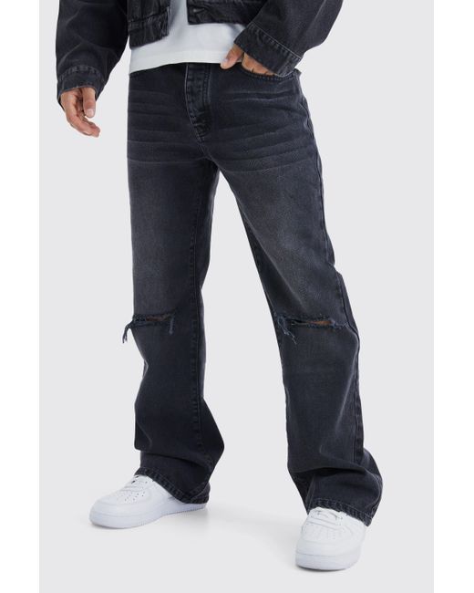 BoohooMAN Blue Relaxed Rigid Flare Jean With Knee Rips for men