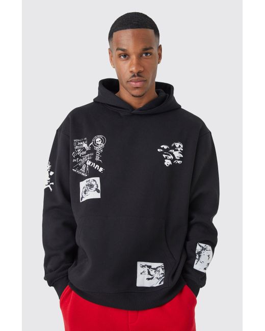 BoohooMAN Black Oversized Multi Placement Graphic Hoodie for men