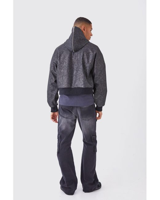 BoohooMAN Blue Boxy Washed Pu Hooded Bomber for men