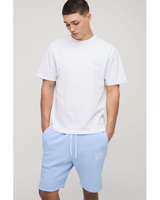 Conjunto Regular De Pantalón Corto Y Camiseta Con Estampado De Palmeras Boohoo de color Blue