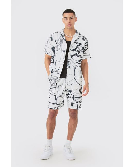 BoohooMAN White Oversized Doodle Printed Pleated Shirt & Short for men