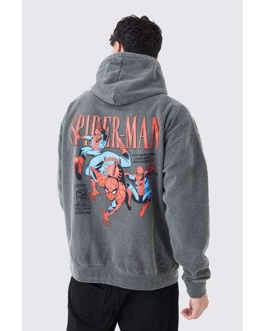 BoohooMAN Gray Oversized Spiderman Marvel Wash License Hoodie for men
