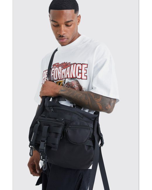 BoohooMAN Black Multi Pocket Nylon Utility Swing Bag for men