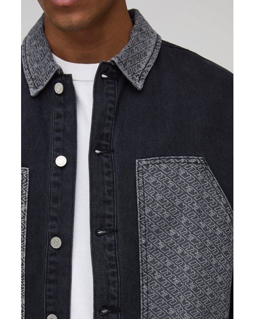BoohooMAN Oversized Boxy Monogram Carpenter Denim Jacket in Gray für Herren