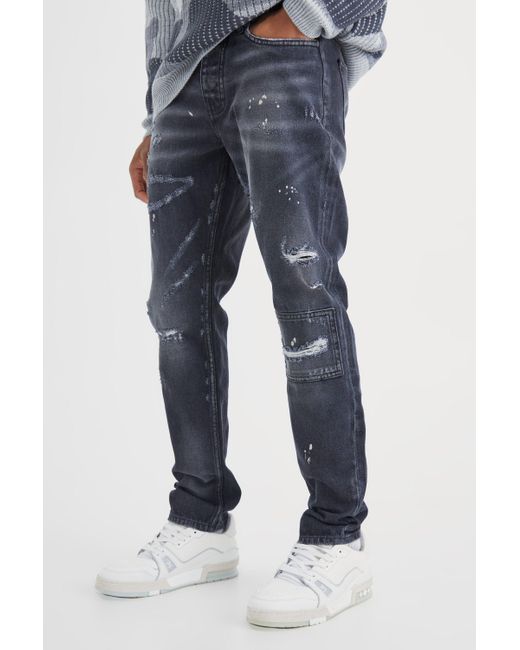 BoohooMAN Blue Slim Rigid All Over Paint Detail Knee Ripped Jeans In Black for men