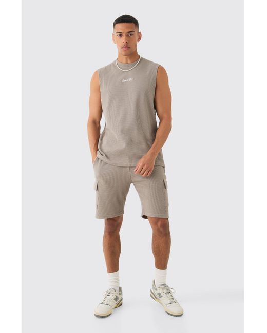 BoohooMAN Man Regular Fit Waffle vest And Cargo Shorts Set in Natural für Herren