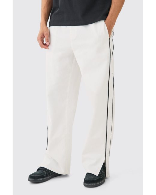 BoohooMAN White Side Stripe Split Hem Branded Parachute Pants for men