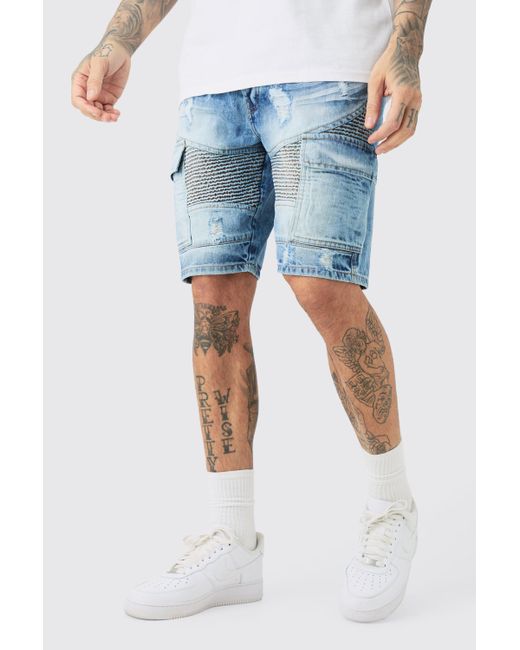 BoohooMAN Blue Tall Straight Fit Biker Denim Shorts for men