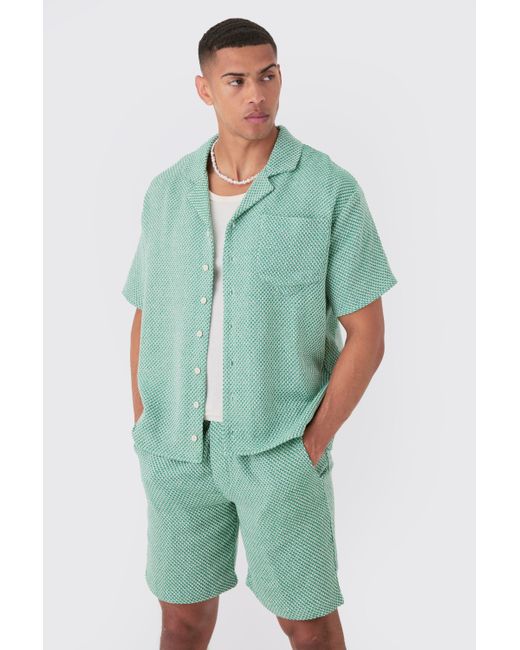BoohooMAN Oversized Short Sleeve Open Weave Shirt & Short Set in Green für Herren