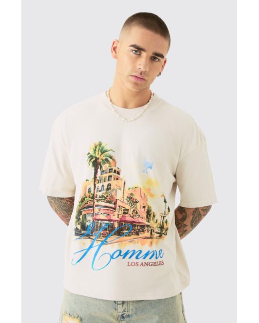 BoohooMAN White Oversized Boxy Landscape Print Wash T-shirt for men