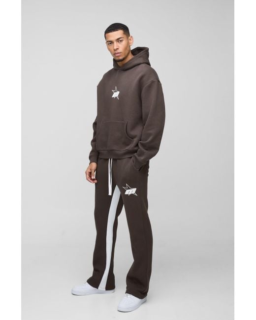 BoohooMAN Brown Oversized Boxy M Star Extended Drawcord Hooded Tracksuit for men