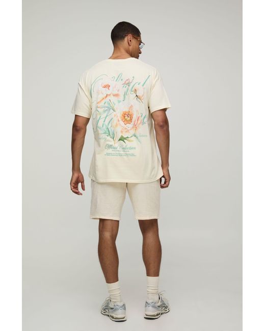 BoohooMAN Oversize T-Shirt mit floralem Ecru Official Collection Print in Natural für Herren