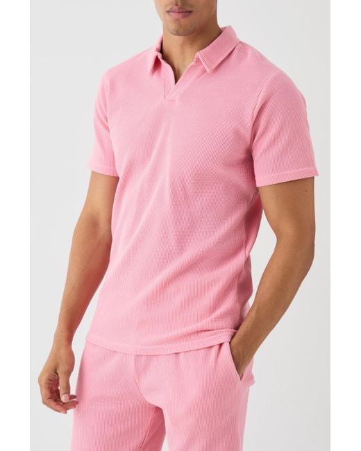 BoohooMAN Pink Slim Waffle Revere Polo And Shorts Set for men
