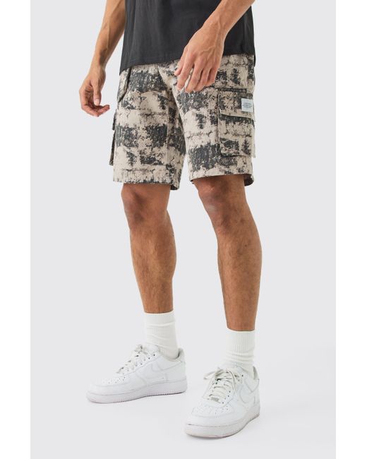 BoohooMAN Gray Woven Tab Blurred Camo Relaxed Cargo Shorts for men