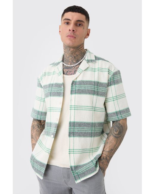 BoohooMAN Green Tall Short Sleeve Drop Revere Textured Check Shirt In Stone for men