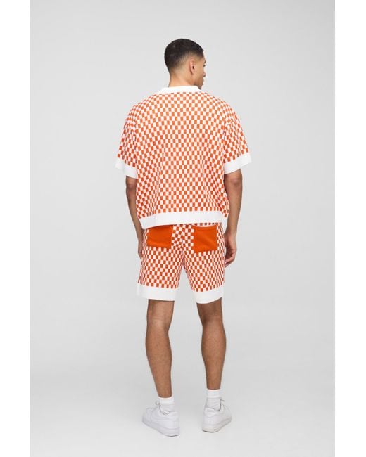 BoohooMAN Red Relaxed Jacquard Plaid Knitted Short for men