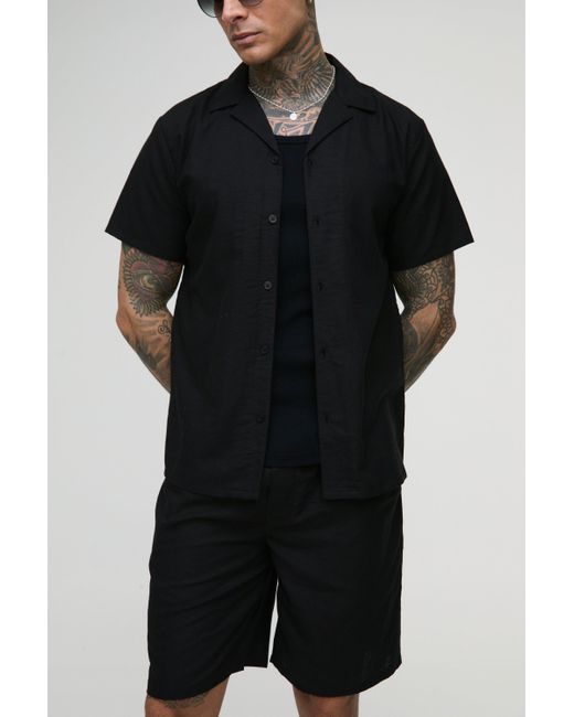 BoohooMAN Black Tall Regular Linen Shirt & Short Set for men