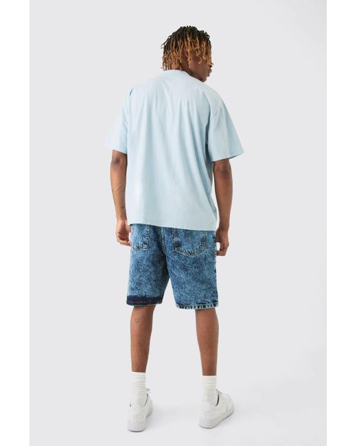 BoohooMAN Blue Tall Indigo Wash Paint Splatter Relaxed Denim Shorts for men
