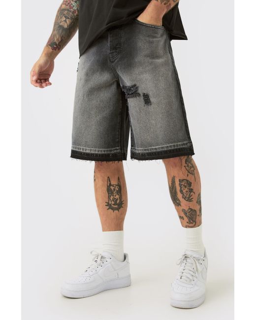 BoohooMAN Gray Ripped Denim Jorts In Washed Black for men