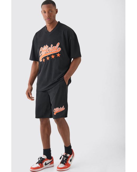 BoohooMAN Black Oversized Official Mesh Varsity Top And Basketball Shorts Set for men