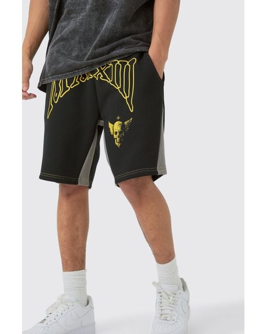 BoohooMAN Black Loose Contrast Stitch Crotch Print Shorts for men