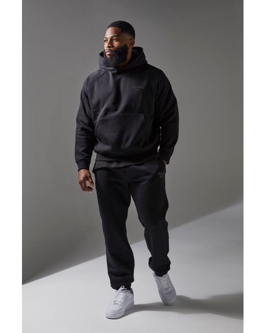 BoohooMAN Black Training Dept Boxy Hoodie & Regular Fit Jogger Tracksuit for men