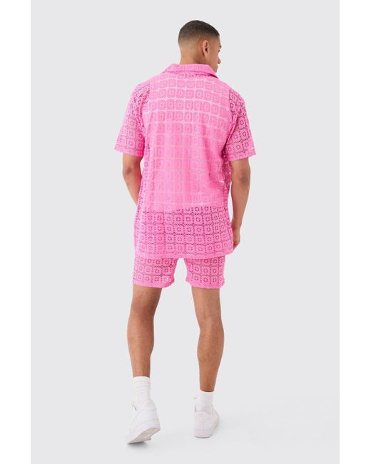 BoohooMAN Oversized Open Weave Lace Shirt & Short in Pink für Herren