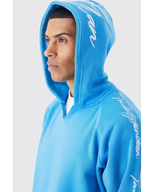 BoohooMAN Blue Oversized Raw Edge Script Embroidered Hoodie for men