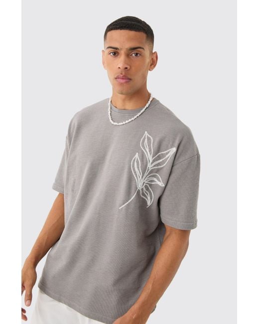 BoohooMAN Gray Oversized Embroidered Slub T-shirt for men