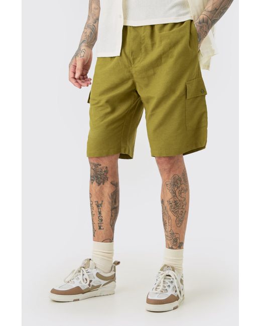 BoohooMAN Tall Elasticated Waist Relaxed Linen Cargo Shorts In Khaki in Green für Herren