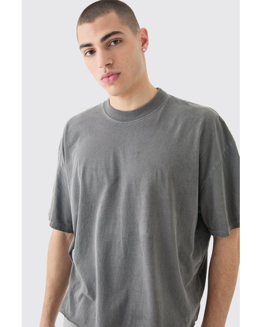 BoohooMAN Gray Oversized Boxy Raw Hem Washed Cross Print T-shirt for men
