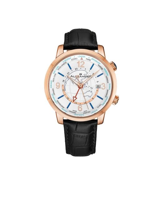 BoohooMAN Metallic Alexander Alexander A171a Journeyman 2 Luxury 42mm World Traveler Watch With Dark Blue Enamel Earth Pattern Crown for men
