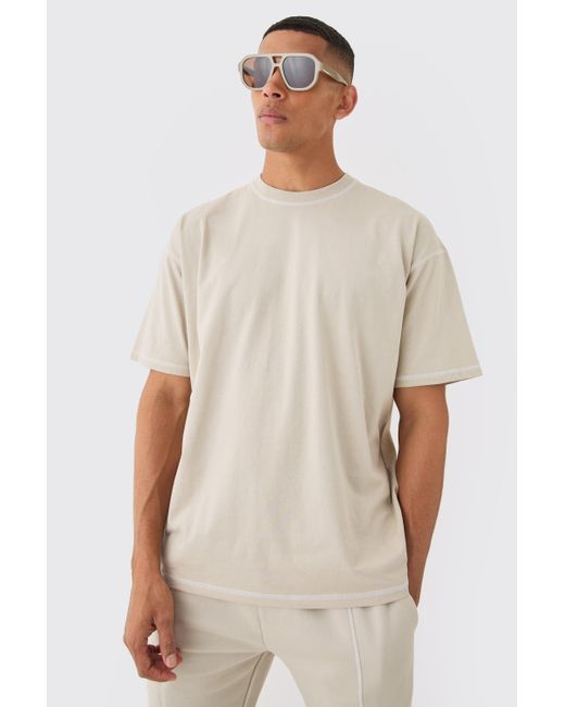 BoohooMAN Oversized Contrast Stitch Extended Neck Embroidered T-shirt in Natural für Herren