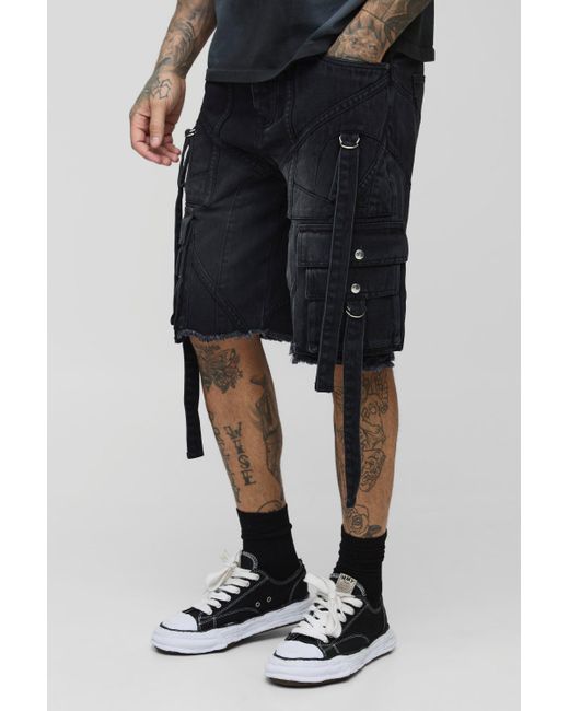 BoohooMAN Black Tall Strappy Cargo Relaxed Fit Denim Shorts for men
