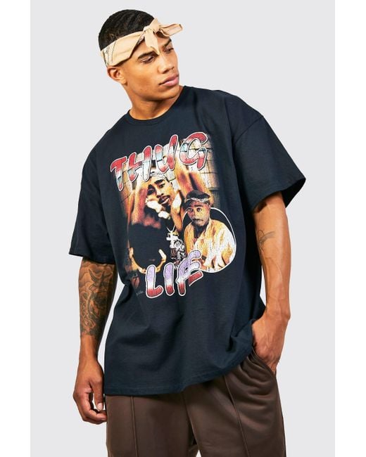 BoohooMAN Denim Oversized Vintage Tupac Life License Tshirt in Black