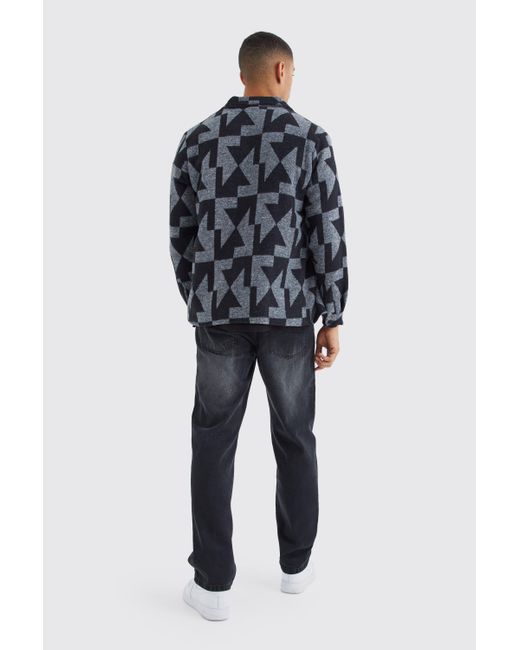BoohooMAN Gray Zip Through Brushed Geometric Overshirt for men