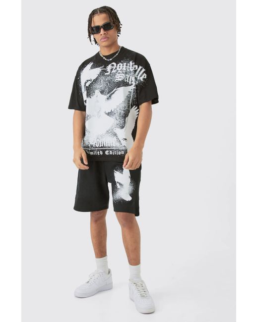 BoohooMAN Black Oversized Extended Neck Doves Large Graphic Shorts Set for men