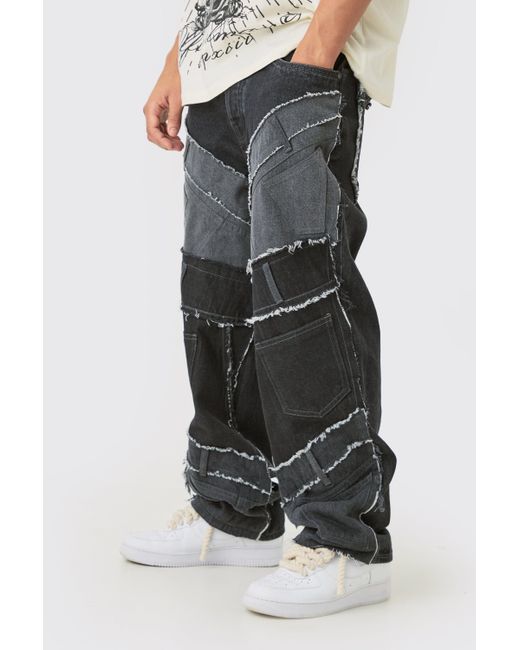 BoohooMAN Gray Baggy Rigid Patchwork Waistband Detail Jean In Black for men