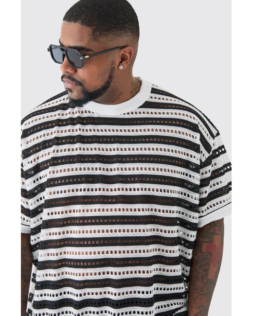 BoohooMAN Gray Plus Crochet Striped Oversized T Shirt for men