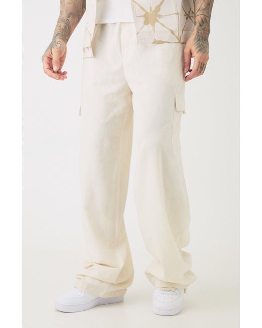 BoohooMAN White Tall Elasticated Waist Oversized Linen Cargo Trouser In Natural for men