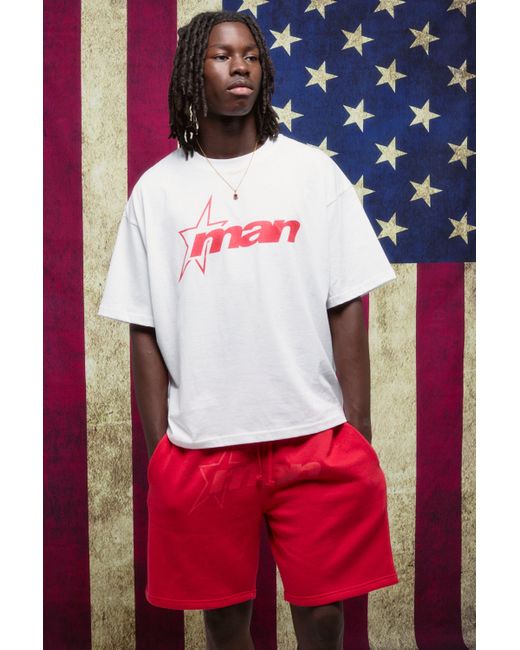 BoohooMAN Red Oversized Boxy M Star T-Shirt And Relaxed Short Set for men