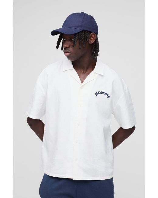 BoohooMAN Oversize Hemd im Leinen-Look mit Slogan-Print in White für Herren
