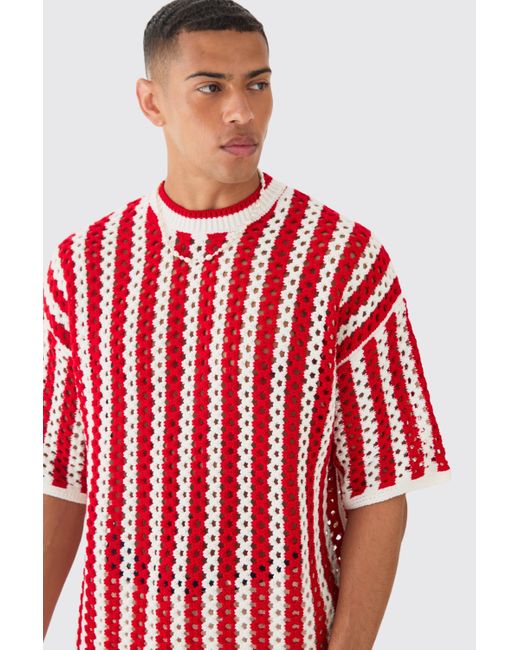 BoohooMAN Red Oversized Open Stitch Stripe Knitted T-shirt for men