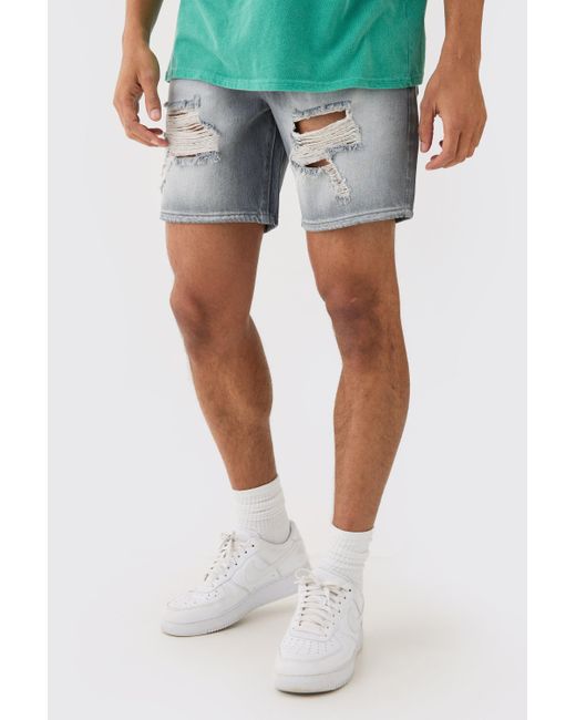 BoohooMAN Blue Relaxed Rigid Ripped Tinted Denim Shorts for men