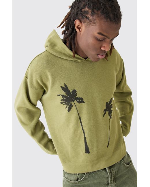 BoohooMAN Green Boxy Drop Shoulder Graphic Knit Hoodie for men